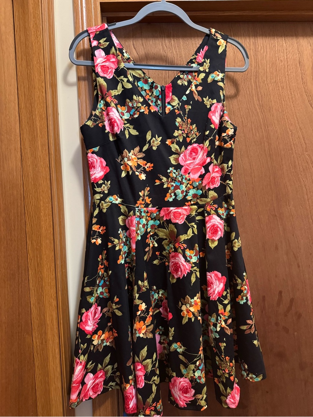 Women’s Black Floral A-Line Dress with Pink Rose Print. So pretty